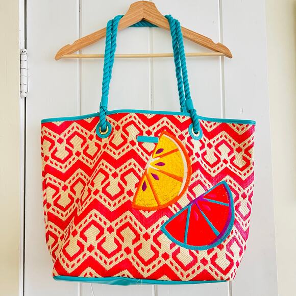 NWT NEW Vera Bradley Straw Tote Bag Embroidered Rope Handle Citrus Beach Summer - Picture 1 of 10
